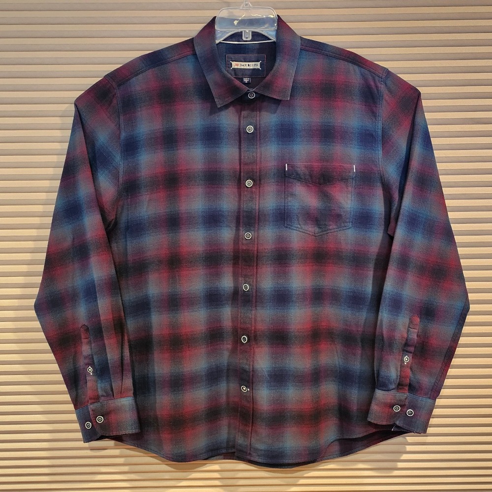 32 Bar Blues Mens XL Plaid Flannel Shirt Burgundy Blue Cotton Long Sleeve